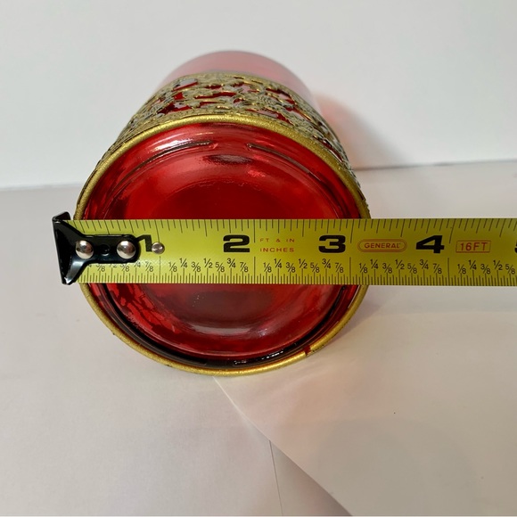 Vintage red glass bottle with gold tone decorative floral lattice - Picture 8 of 9